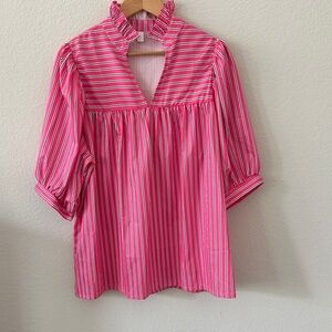 No name Ruffle Neck Sz L Pink Striped Women's Top